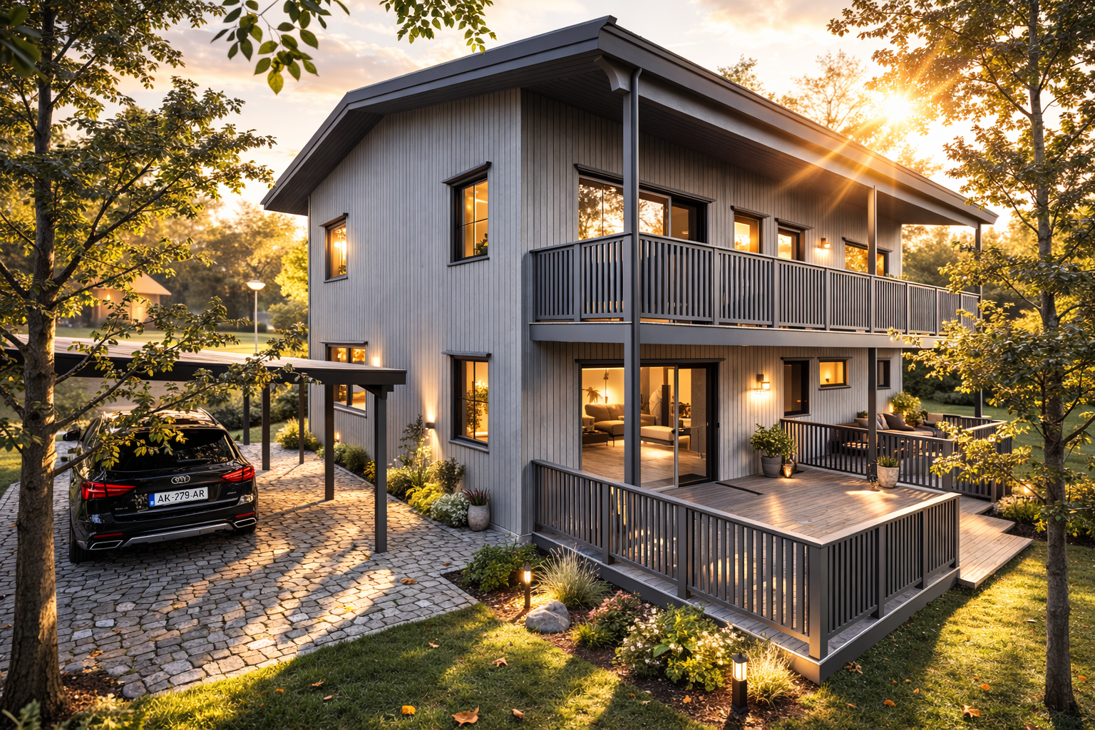 Fasade med carport, tilbygg enebolig